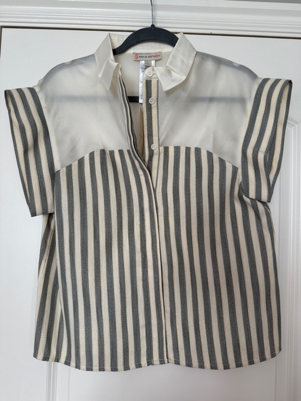 Paul&Joe Sister Cream and Green Striped Short Sleeve Button-Front Blouse